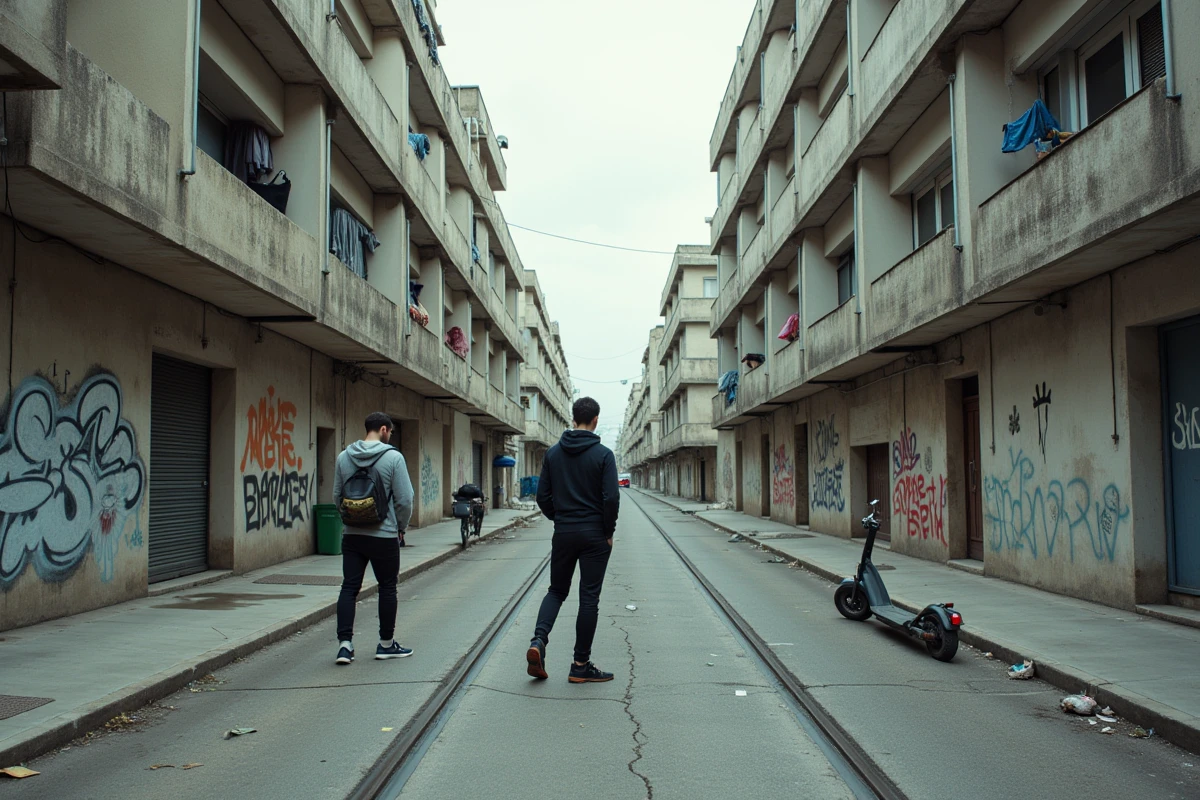 Deux jeunes hommes près d'un mur tagué dans une rue de quartier HLM de Montpellier avec trottoirs fissurés et scooter renversé, évoquant la progression des violences