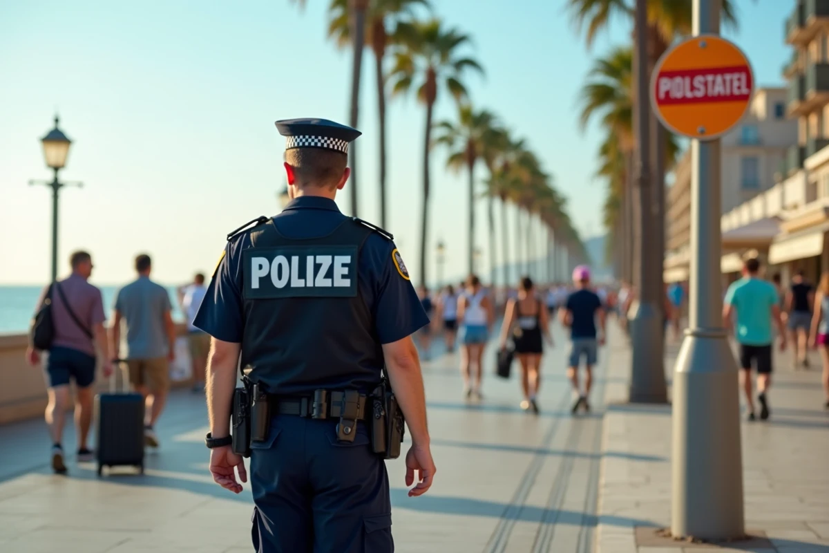 Agent de police municipale en patrouille sur la Promenade des Anglais de Nice avec panneau d'alerte pickpockets et touristes en arrière-plan flou