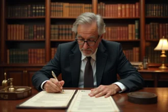 Notaire en costume sombre examinant un acte notarié officiel sur un bureau en acajou dans une étude notariale traditionnelle