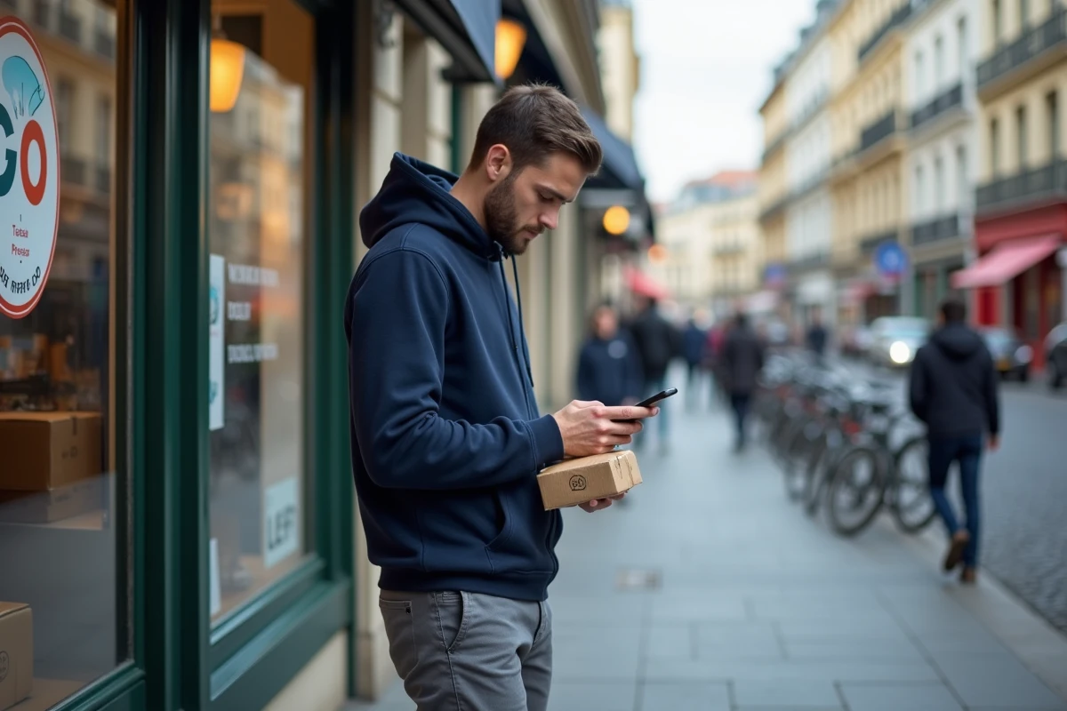Homme cherchant un point de dépôt Vinted Go sur son téléphone devant un tabac en ville