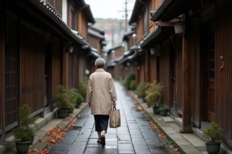 Ruelle traditionnelle japonaise à Kyoto avec maisons en bois et femme marchant en automne