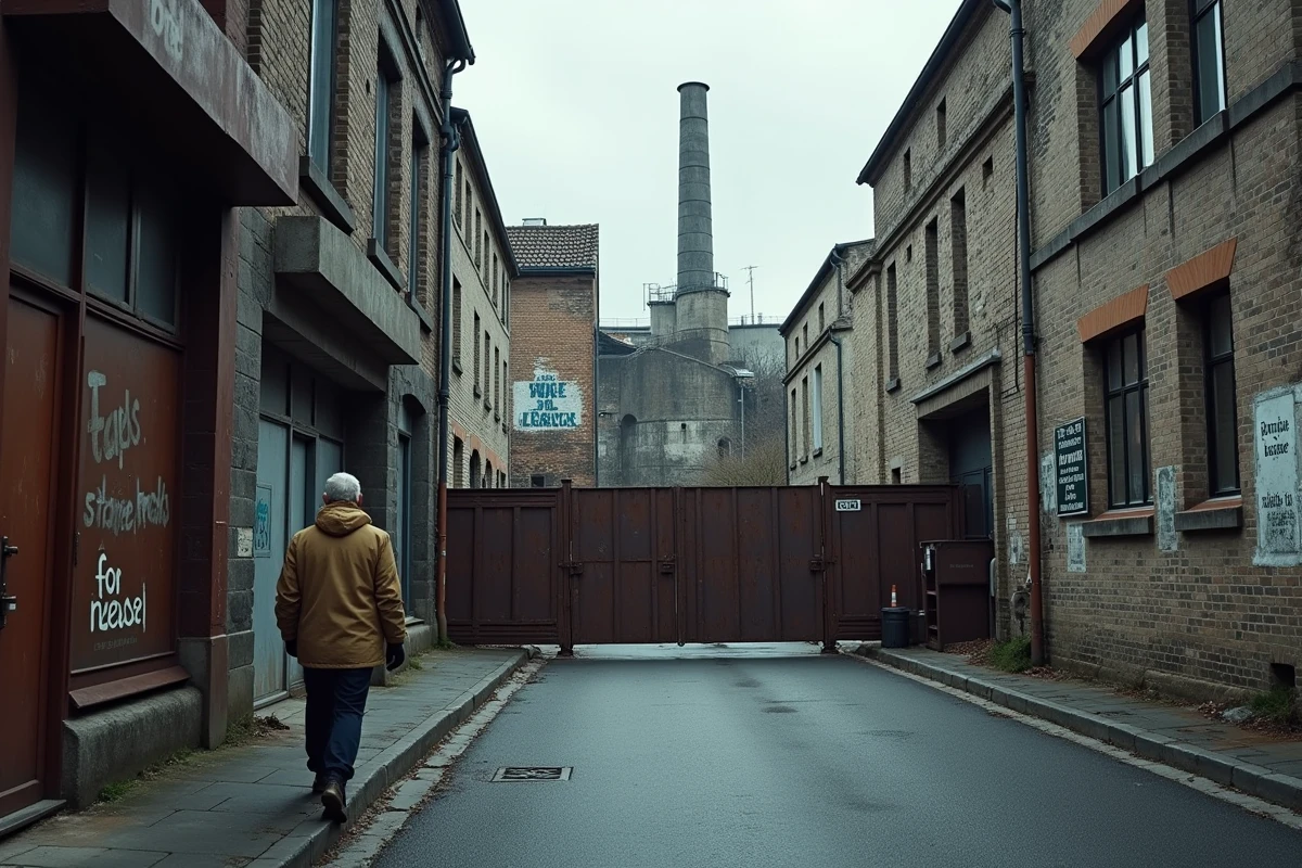Travailleur d'âge moyen passant devant une usine fermée à Saint-Étienne avec grille rouillée et façades en pierre noire basaltique, illustrant la pression sur le bassin industriel stéphanois