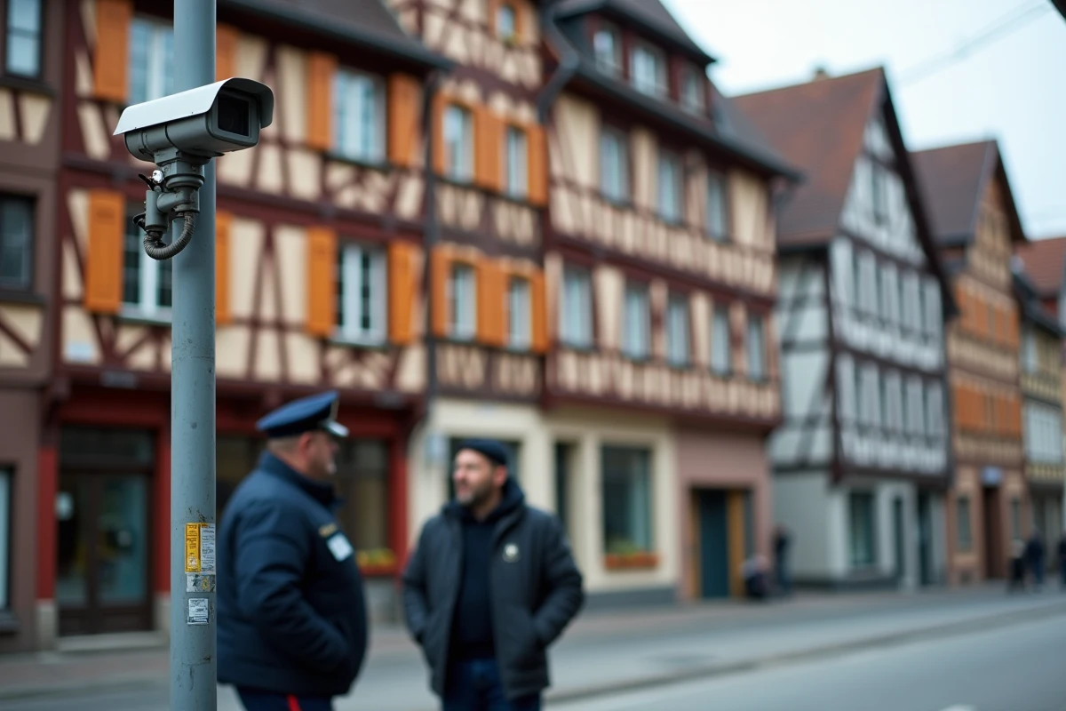 Policier discutant avec un civil dans une rue de Strasbourg avec caméra de surveillance et façades alsaciennes à colombages en arrière-plan