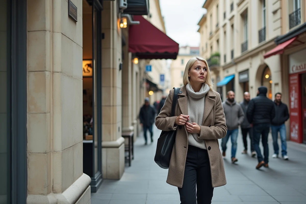 Femme d'âge moyen serrant son sac en passant devant un groupe d'hommes près d'un immeuble en tuffeau blanc à Tours, illustrant la surprise de la ville dans les classements de délinquance