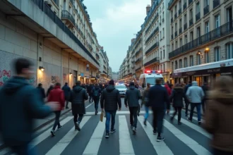 Rue urbaine française animée au crépuscule avec immeubles haussmanniens, graffitis et voiture de police, illustrant l'insécurité dans les grandes villes françaises