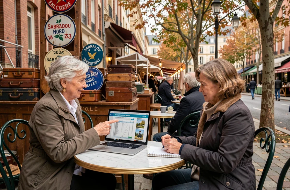 Deux chineuses planifient leur agenda brocante 2026 sur un ordinateur portable à la terrasse d'un café dans le nord de la France