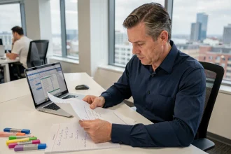 Analyste financier examinant des formules de calcul de marge sur des feuilles imprimées dans un bureau moderne