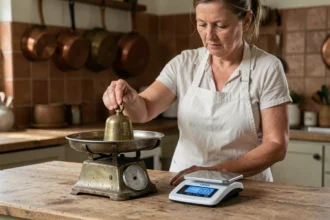 Femme pesant des aliments sur une balance vintage avec poids en laiton et balance numérique affichant des grammes dans une cuisine rustique