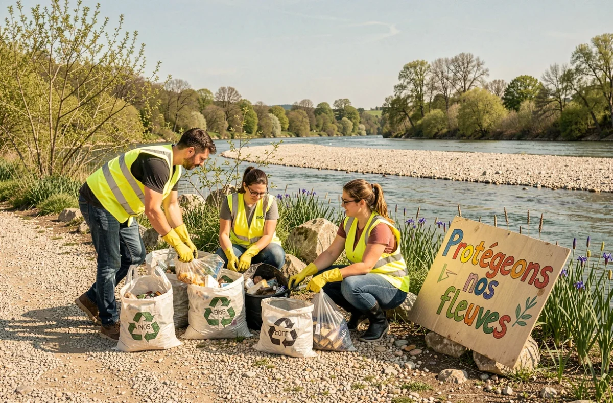 Groupe de bénévoles nettoyant les berges de la Garonne lors d'une action de protection environnementale des fleuves français au printemps