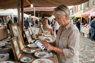 Une chineur consulte l'agenda en ligne Sabradou Nord sur une tablette lors d'un vide-grenier en plein air dans le nord de la France