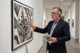 Conservateur de musée analysant une reproduction de l'œuvre Relativité d'Escher sur un mur de galerie contemporaine