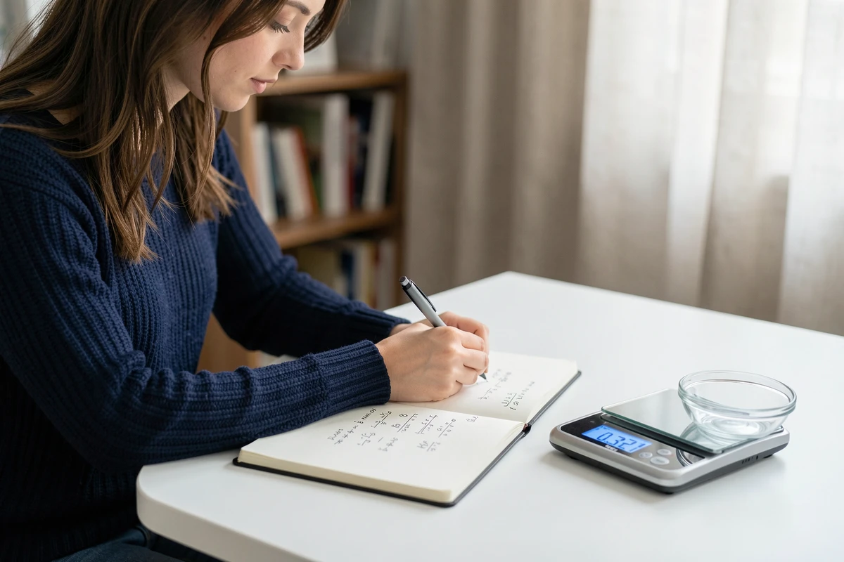 Jeune femme calculant la conversion de la libra en kilogrammes et grammes dans un bureau minimaliste avec balance numérique et cahier de notes