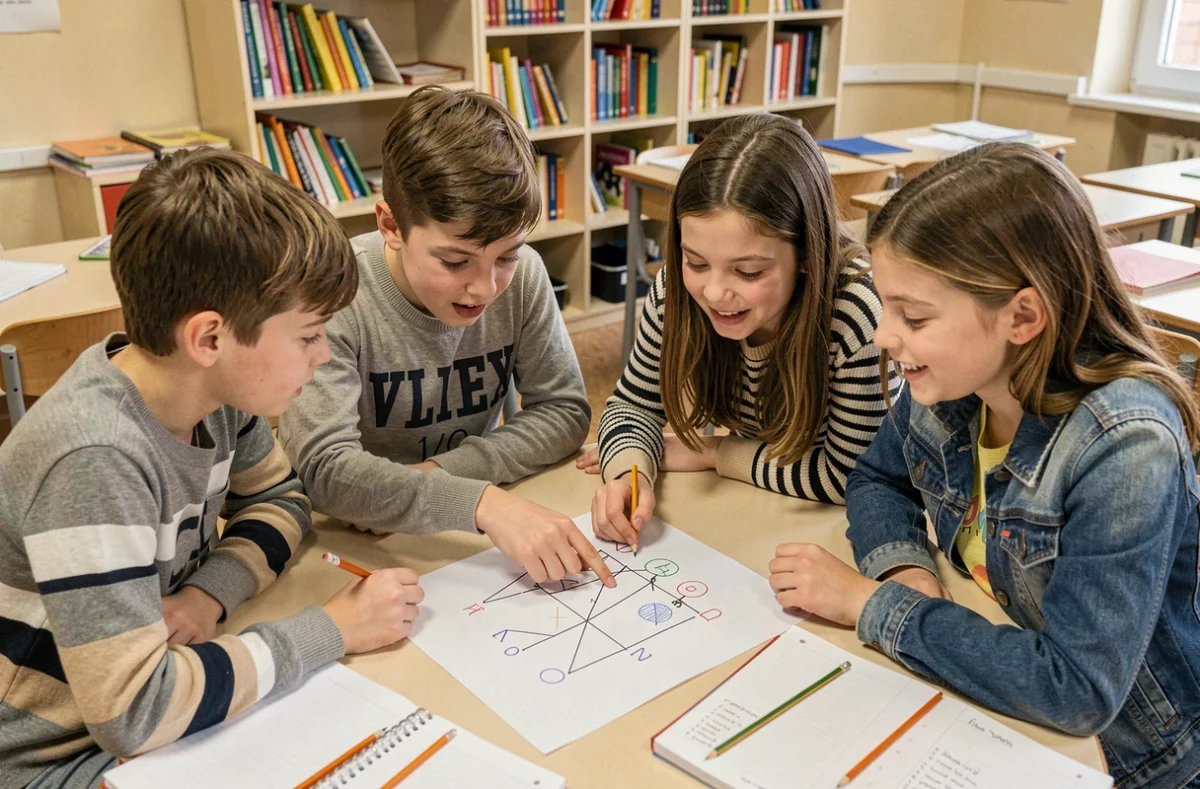 Des élèves jouent au jeu du pendu ensemble autour d'une table en classe