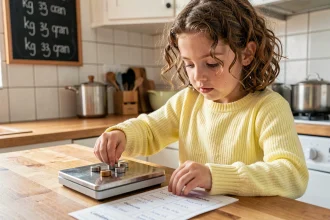 Jeune fille utilisant une balance de cuisine pour apprendre la conversion des kilogrammes en grammes