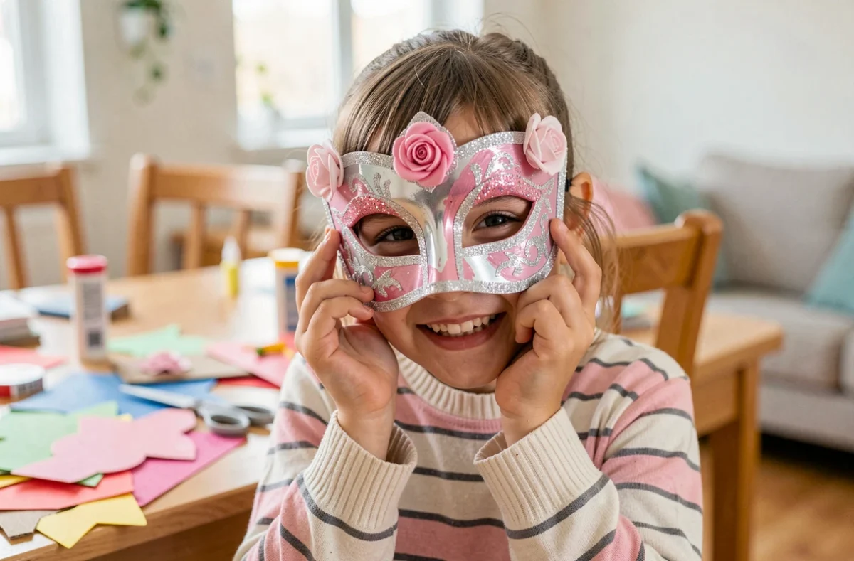 Jeune fille tenant un masque de carnaval vénitien fait maison décoré de peinture rose, paillettes et roses en tissu