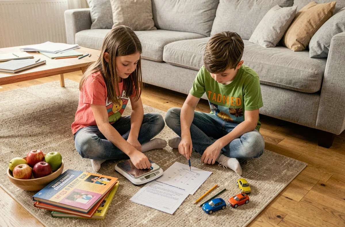 Deux enfants apprenant ensemble la conversion des kilos en grammes avec une balance numérique et une fiche d'exercices