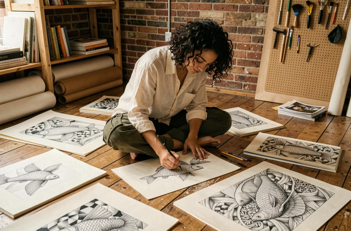 Étudiante en art reproduisant les tessellations d'Escher dans un atelier entouré de références artistiques