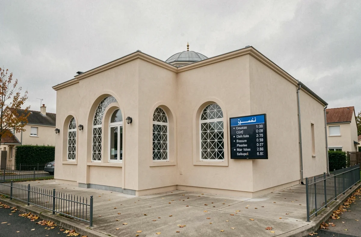 Façade d'une mosquée de banlieue parisienne avec panneau d'affichage des heures de prière