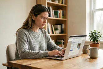 Femme consultant le centre d'aide Vinted sur son ordinateur portable depuis son bureau à domicile
