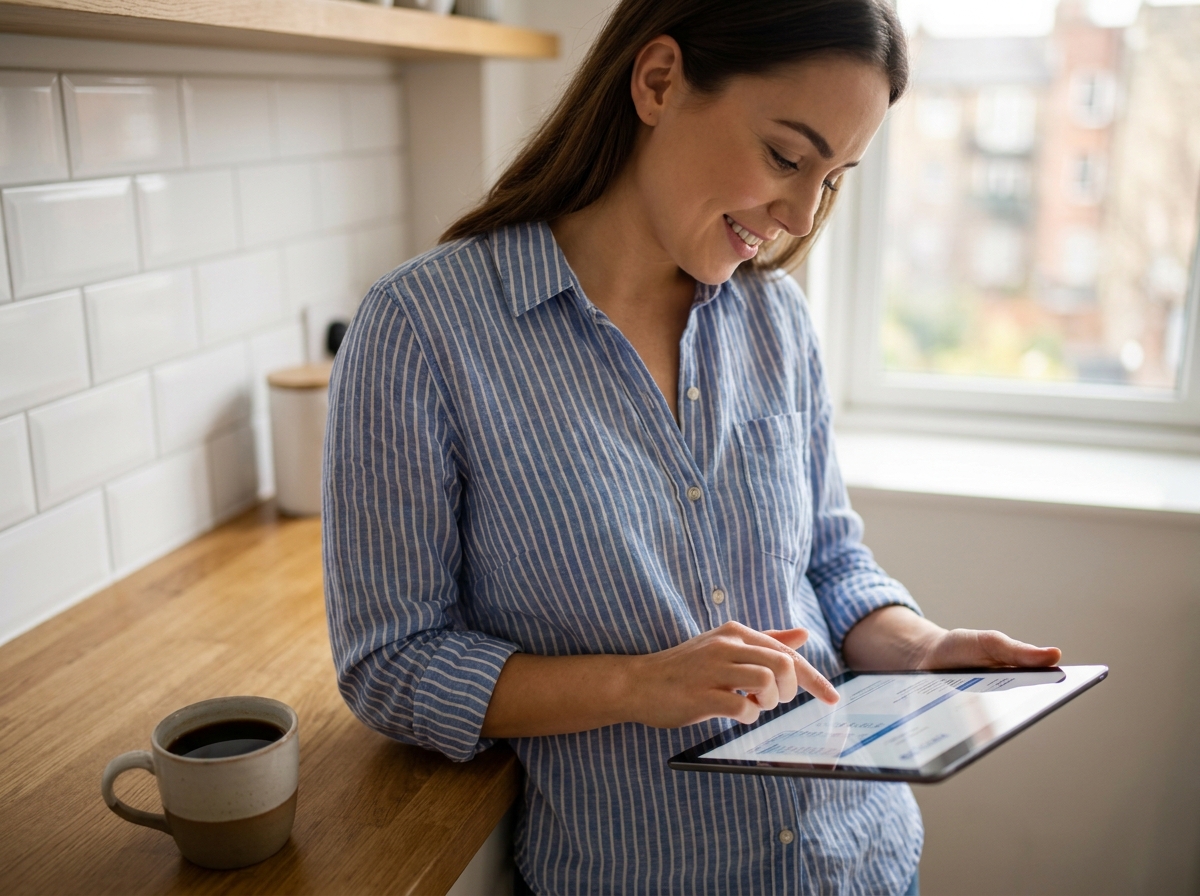 Jeune femme consultant un bulletin de paie numérique sur tablette dans sa cuisine le matin
