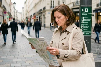 Femme consultant un plan de ville pour trouver des toilettes publiques à proximité dans une rue urbaine