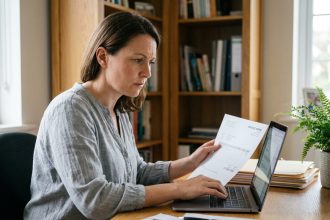 Femme consultant une facture papier et son ordinateur portable dans un bureau à domicile organisé