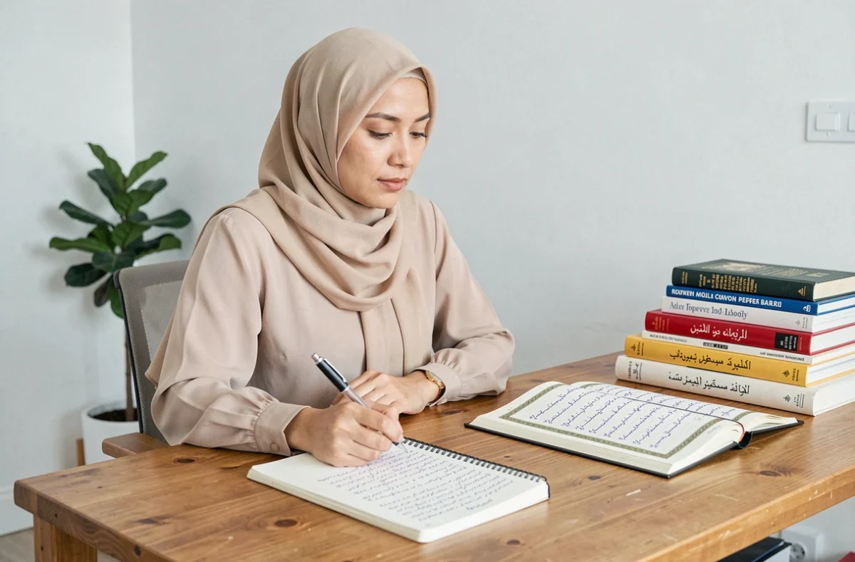 Femme prenant des notes pour mémoriser les sourates du Coran à son bureau de travail
