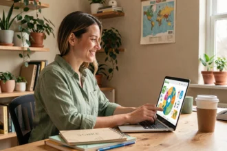 Femme souriant devant un quiz de la Journée de la Terre affiché sur un écran d'ordinateur portable dans un bureau écologique