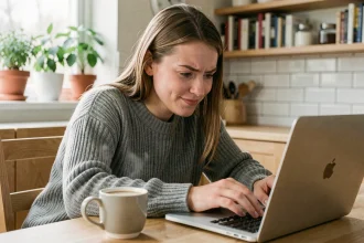 Jeune femme concentrée sur une grille de mots Wordle sur son ordinateur portable dans une cuisine scandinave