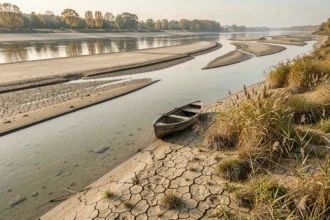 Rives asséchées de la Loire en automne avec bancs de sable et végétation clairsemée illustrant la baisse du niveau des eaux en 2026