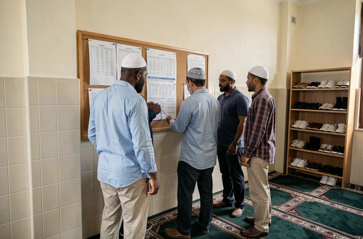 Groupe d'hommes consultant le tableau des horaires de prière dans le hall d'une mosquée en France