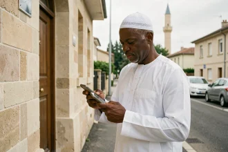 Homme consultant les horaires de prière sur son téléphone devant une mosquée à Tremblay-en-France