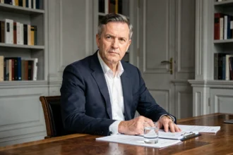 Portrait d'un homme politique français en costume sombre assis dans une salle de réunion parisienne, expression sérieuse et posture d'autorité