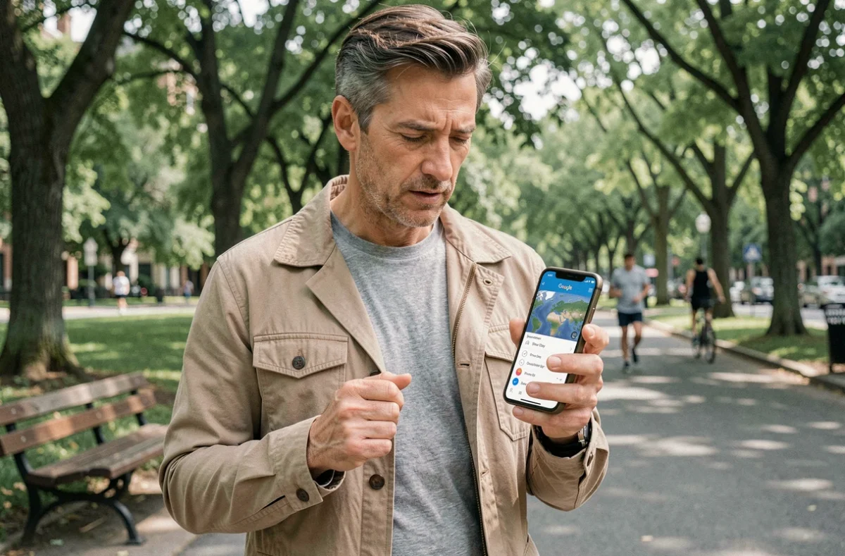 Homme consultant un quiz Google sur la Journée de la Terre sur son smartphone dans un parc urbain verdoyant