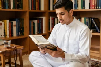 Jeune homme musulman récitant le Coran posé sur ses genoux dans une pièce studieuse et apaisante