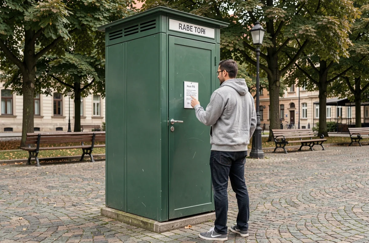 Homme lisant les horaires d'ouverture d'un sanisette public dans une place de ville européenne