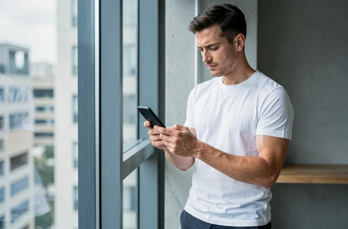 Homme consultant le support client Vinted via son smartphone dans un appartement moderne
