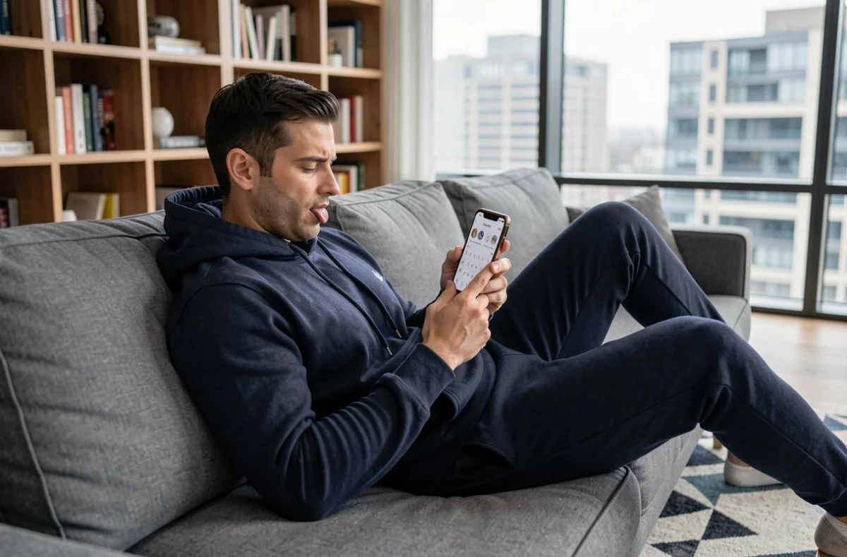 Homme jouant à Wordle sur son smartphone allongé sur un canapé dans un appartement moderne
