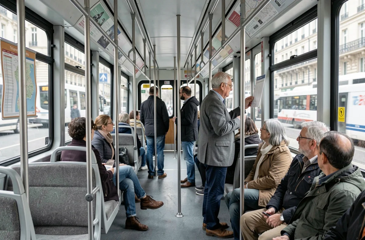 Intérieur d'une rame du tramway T3B avec passagers et plan des horaires affiché près des portes