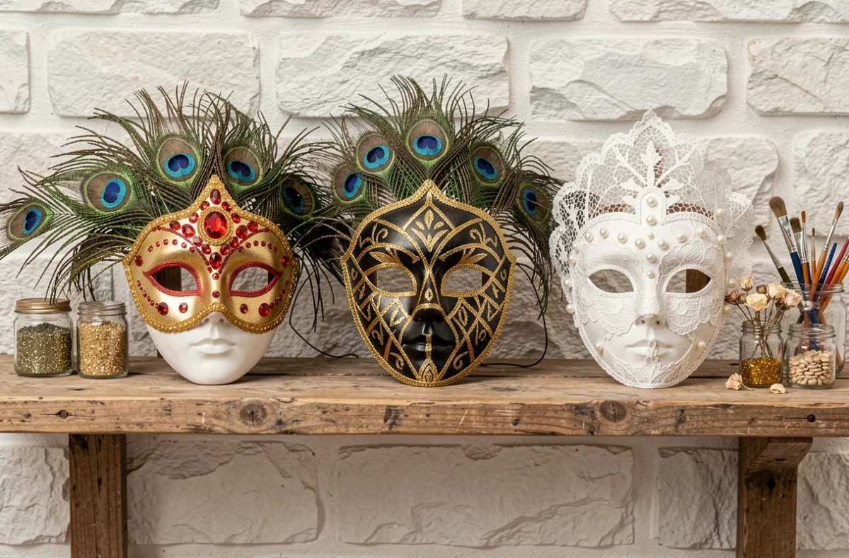 Trois masques de carnaval vénitiens faits maison exposés sur une étagère en bois avec plumes, dentelle et ornements dorés