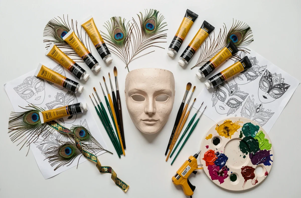 Vue de dessus des matériaux pour créer un masque de carnaval vénitien à la maison, avec gabarit de dessin, plumes et peintures dorées