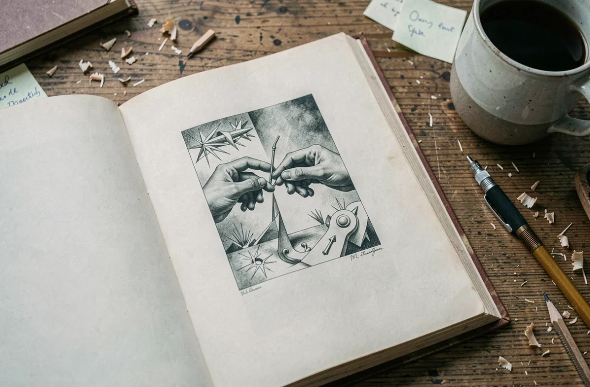 Détail d'un monographe vintage ouvert sur l'œuvre Drawing Hands d'Escher posé sur un bureau en bois