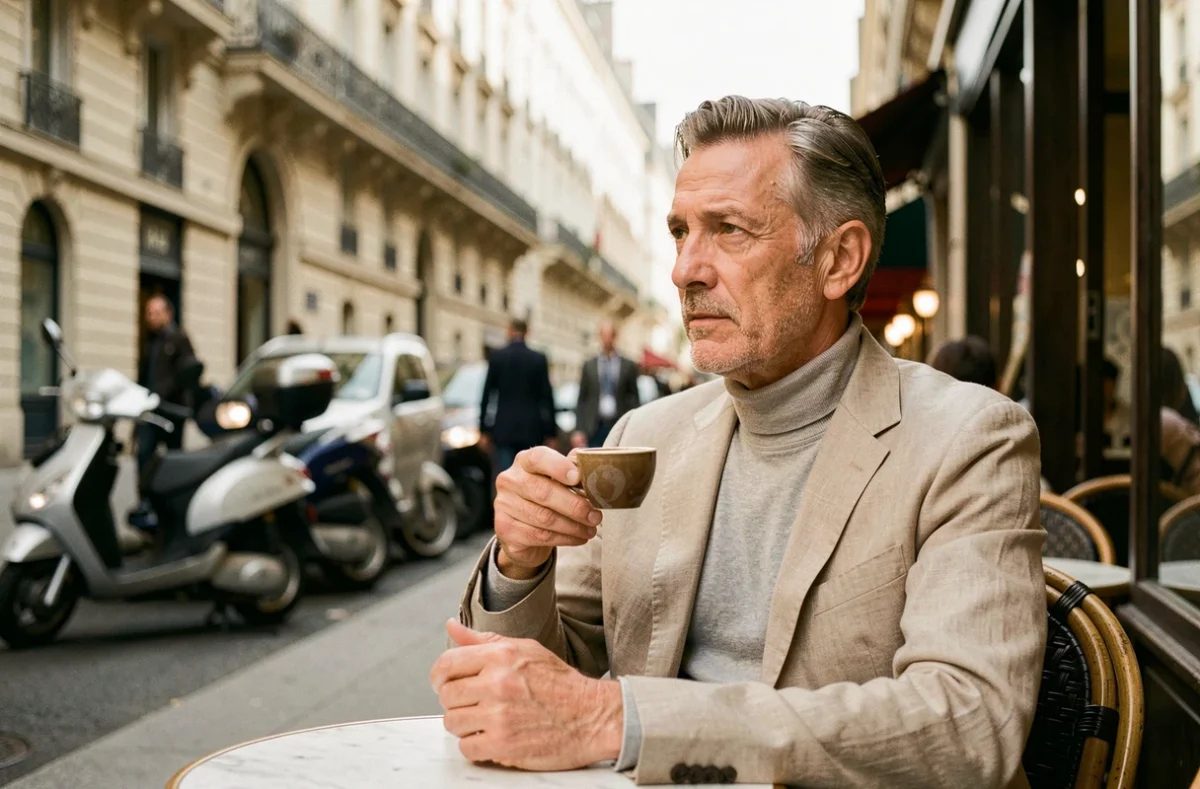 Homme français pensif attablé à une terrasse de café parisien avec un espresso, façades haussmanniennes en arrière-plan flou