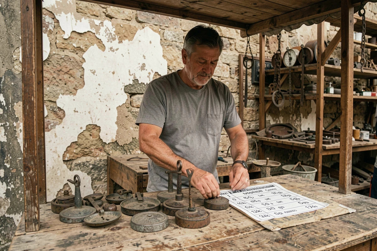 Vendeur de marché présentant des poids anciens de type libra romaine avec tableau de conversion kilogrammes et grammes sur un étal en bois