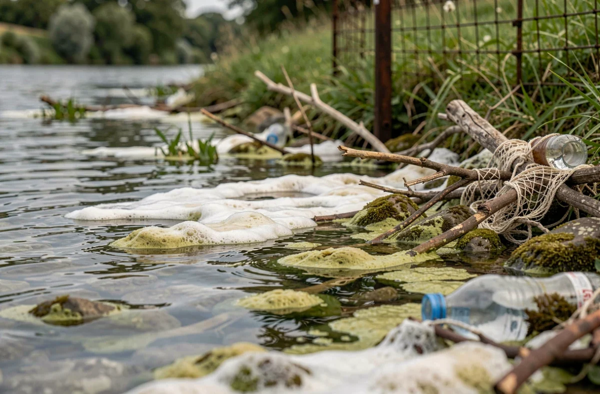 Prolifération d'algues et accumulation de déchets plastiques à la surface du Rhône symbolisant la pollution des fleuves français