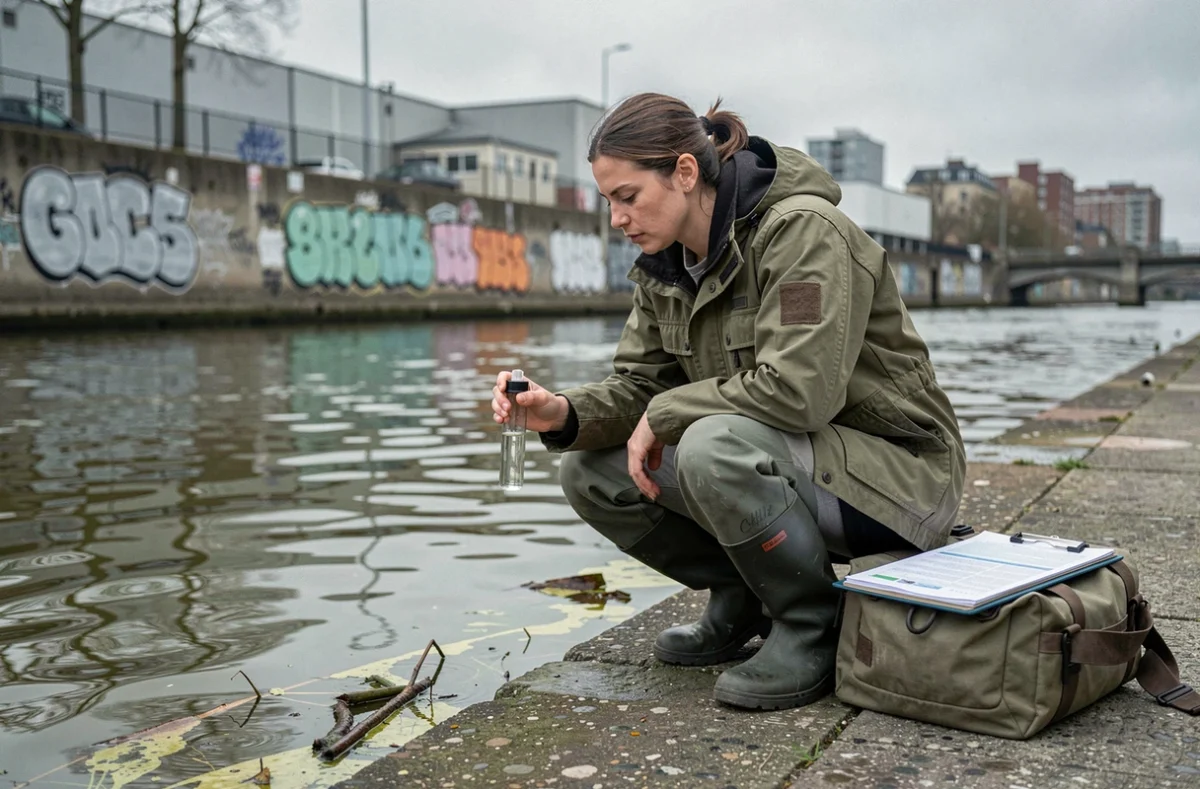 Scientifique prélevant un échantillon d'eau polluée sur les berges de la Seine dans un contexte urbain industriel pour analyser la qualité du fleuve