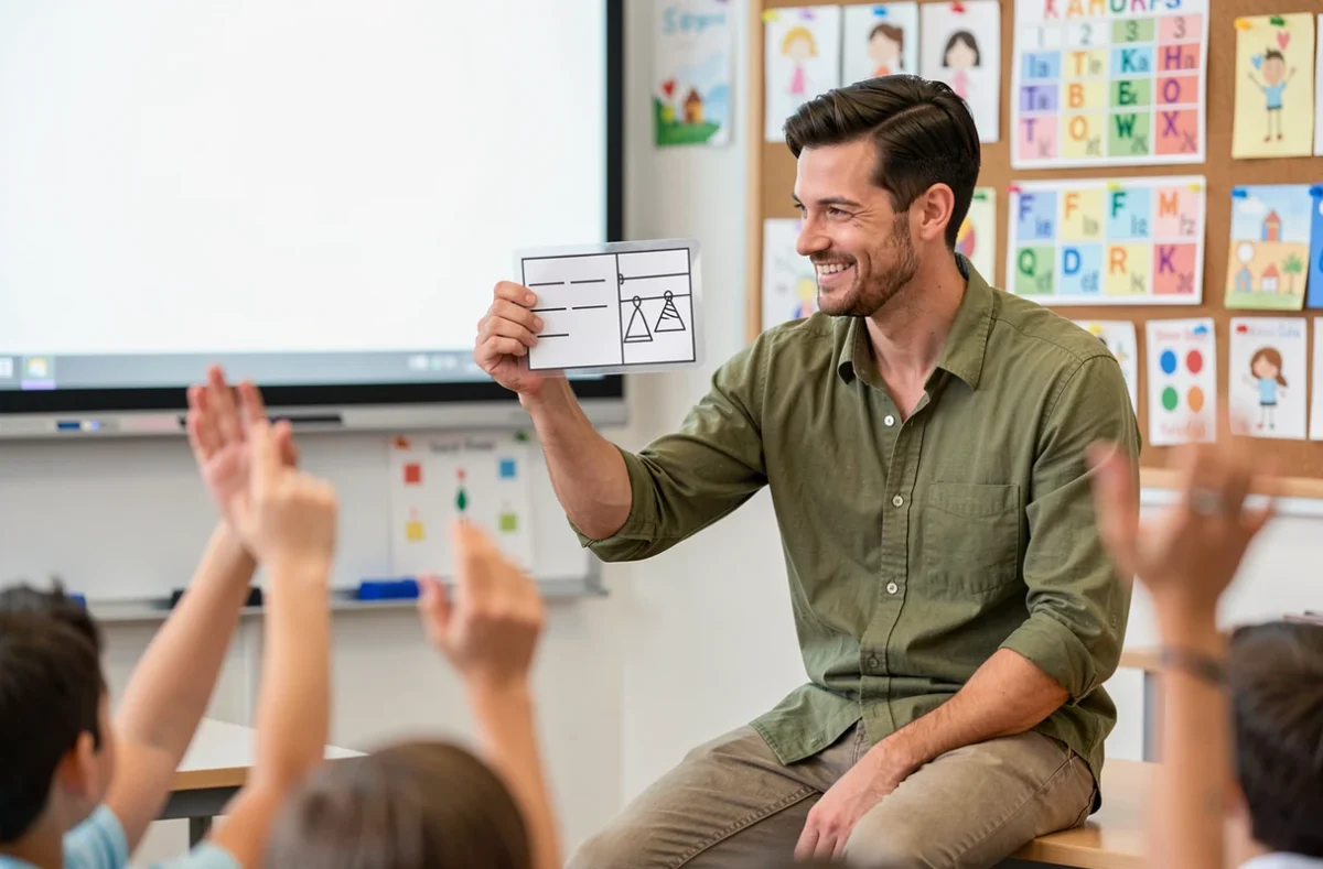 Un professeur présente une carte du jeu du pendu à ses élèves dans une salle de classe moderne
