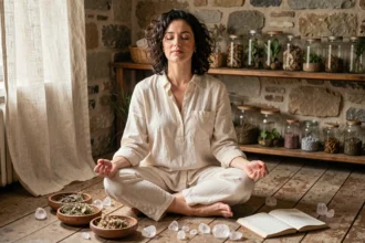 Femme pratiquant une méditation de protection énergétique entourée de cristaux de quartz et d'herbes séchées dans un intérieur rustique