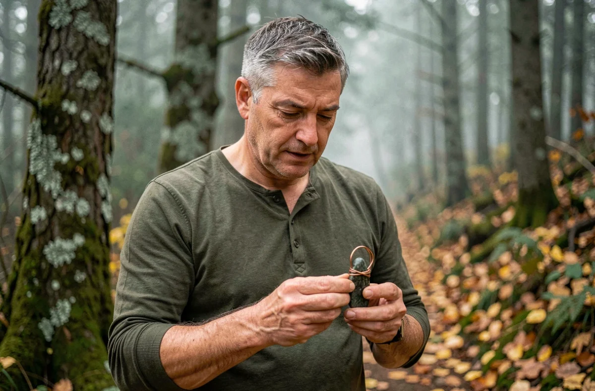 Homme tenant un talisman artisanal en cuivre dans une forêt automnale brumeuse, explorant les rituels de protection énergétique