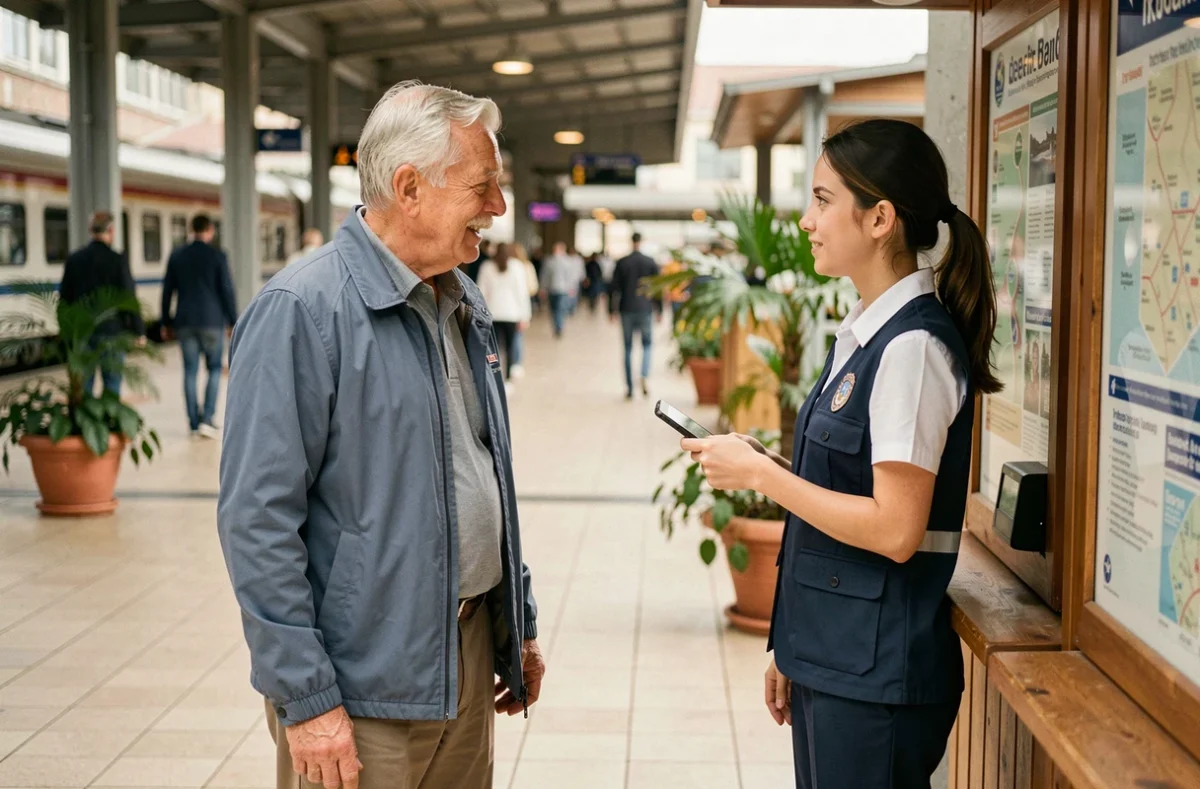 Senior demandant à un agent d'information touristique où trouver des toilettes publiques ouvertes près d'une gare